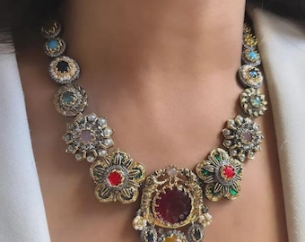 Sabyasachi Inspired Kundan Bridal Choker Set, Green Detailing