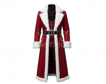 May include: A long, red coat with white faux fur trim on the collar, cuffs, and front edges. The coat features a black belt, a black shirt, and a vest. The coat is a festive garment.