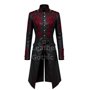 Gothic Vampire Leather Trench Coat – Black & Red Embroidered Steampunk Victorian Jacket – Dark Fantasy Dracula Cosplay Halloween Costume