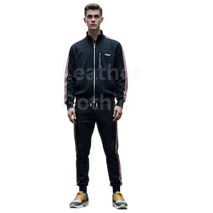 Men’s Black Striped Tracksuit Set – 2 Piece Jacket & Jogger Pants – Slim Fit Streetwear Outfit – Casual Athletic Fashion for Men