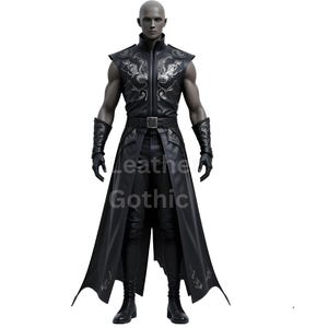 Genuine Leather Gothic Sleeveless Coat – Men’s Vampire Warrior Cosplay Jacket – Dark Fantasy Halloween Costume Long Vest with Embroidery