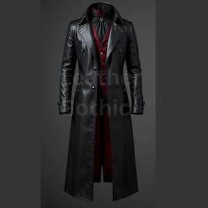Gothic Leather Trench Coat – Black Genuine Leather Overcoat – Steampunk Victorian Cosplay Jacket – Dark Fantasy Halloween Costume