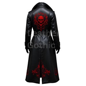 Men’s Gothic Vampire Outfit – Real Black Leather Trench Coat with Red Embroidery – Steampunk Cosplay Jacket – Dark Fantasy Halloween Costume