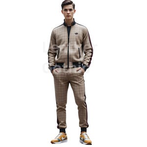 Men’s Beige Checked Tracksuit Set – 2 Piece Jacket & Jogger Pants – Slim Fit Streetwear Outfit – Casual Athletic Fashion for Men