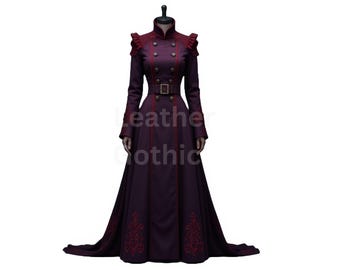 May include: A long, dark purple coat with a high collar and decorative red trim. The coat features a belted waist, gold buttons, and embroidered details on the skirt. The sleeves are long, and the coat is displayed on a mannequin.