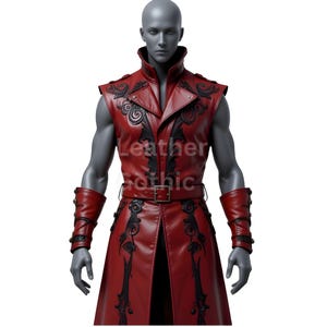 Gothic Vampire Leather Trench Coat – Red & Black Long Cosplay Jacket – Steampunk Victorian Dracula Costume – Halloween Dark Fantasy