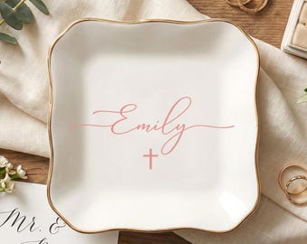 Kreuz Ring Schale für Mädchen, Erstkommunion/Konfirmation Geschenk, Taufe Andenken, Patentochter Schmuck Tablett, Name