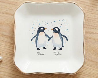 Personalized Penguin Ring Dish, Custom Name Couple Jewelry Tray, Cute Ceramic Wedding & Engagement Gift for Him/Her Birthday Keepsake