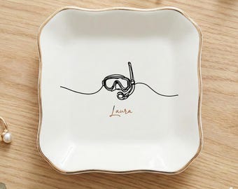 Personalized Scuba Diving Ring Dish, Custom Name Jewelry Tray, Diver Gift, Ocean Lover Trinket Dish, Birthday or Coach Thank You Gift