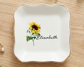 Personalized Sunflower Jewelry Dish, Custom Ceramic Trinket Tray,Birthday Get Well Soon Thinking of You Gift