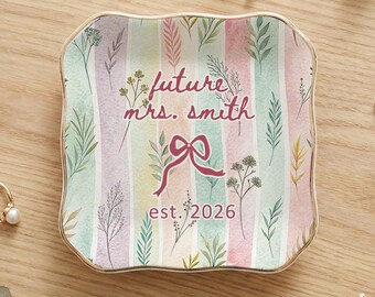 Personalized Engagement Ring Dish, Custom Ceramic Jewelry Tray for Future Mrs, Bridal Shower Gift for Bestie, Engaged Couple Keepsake