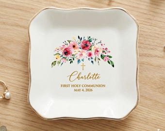 Plato de joyería personalizado para primera comunión, bandeja con nombre y fecha, recuerdo cristiano para niña, regalo de bautismo y confirmación.