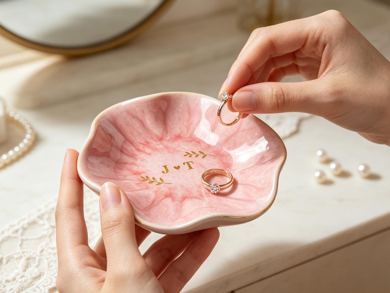 May include: A scalloped, pink marble-patterned ceramic ring dish featuring gold-colored text J heart T and small leaf sprigs in the center. The dish has a gold-painted rim and holds a gold ring with a clear stone, while another ring rests inside.