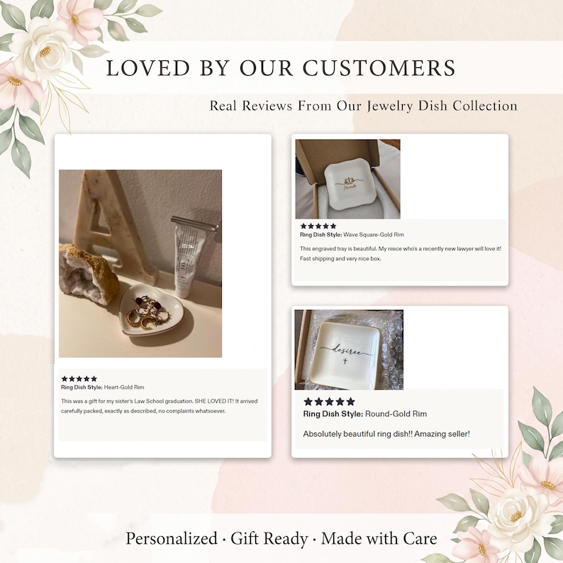 Może przedstawiać: Grafika promocyjna zatytułowana LOVED BY OUR CUSTOMERS, przedstawiająca trzy opinie klient&oacute;w na temat ceramicznych podstawek na biżuterię. Obrazy pokazują podstawkę w kształcie serca, kwadratową oraz okrągłą, wszystkie ze złotym obrzeżem.