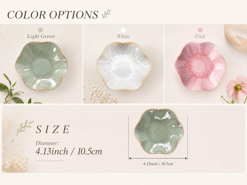 May include: Three flower-shaped ceramic dishes in light green, white, and pink. The text reads COLOR OPTIONS and SIZE. The diameter is 4.13 inches. Each dish features a scalloped edge and a glossy, crackled glaze finish on the interior surface.