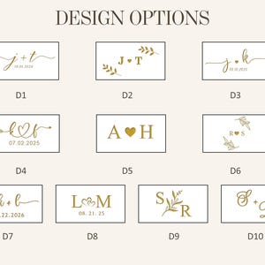 May include: A grid of ten rectangular design options labeled D1 through D10, featuring gold-colored monograms, initials, dates, and botanical accents. Each design is presented in a black-outlined box on a light cream background, showcasing various typographic styles and decorative elements for personalized customization.