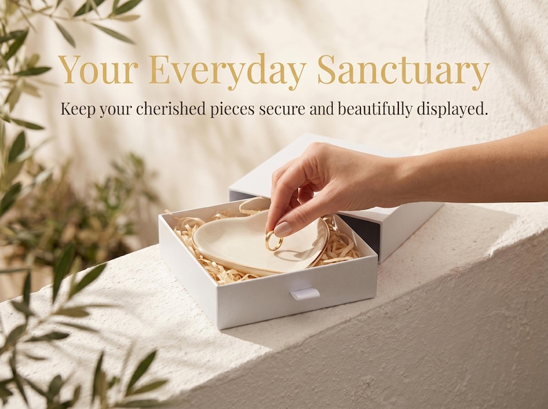 May include: A white jewelry box with a heart-shaped dish inside, filled with straw-like material. A hand places a gold ring in the dish. The text "Your Everyday Sanctuary" is at the top.