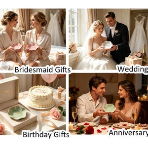 May include: A collection of small, scalloped ceramic trinket dishes in pastel colors, each featuring gold-lettered initials. The dishes are shown in various settings, including a birthday celebration with a cake and romantic dinner scenes.