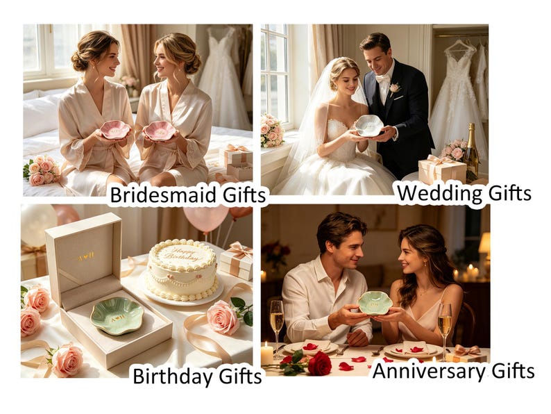 May include: A collection of small, scalloped ceramic trinket dishes in pastel colors, each featuring gold-lettered initials. The dishes are shown in various settings, including a birthday celebration with a cake and romantic dinner scenes.