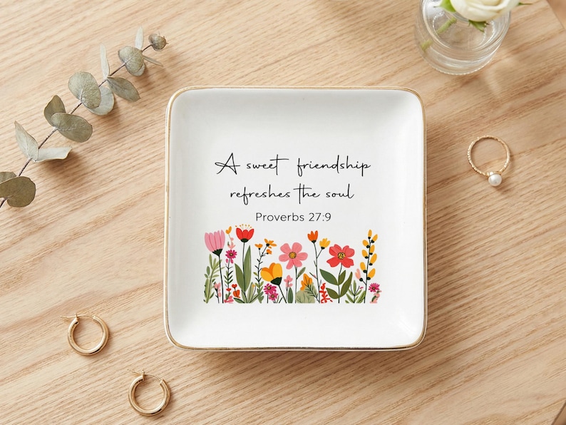 Christian Bible Verse Jewelry Dish, Floral Friendship Quote Trinket Tray, Christian Scripture Decor, Gift for Best Friend image 2