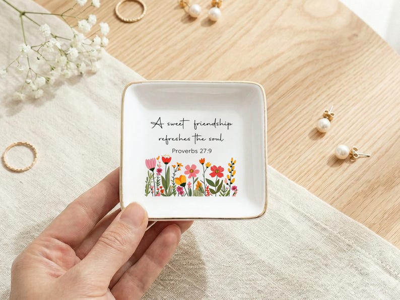 Christian Bible Verse Jewelry Dish, Floral Friendship Quote Trinket Tray, Christian Scripture Decor, Gift for Best Friend image 3