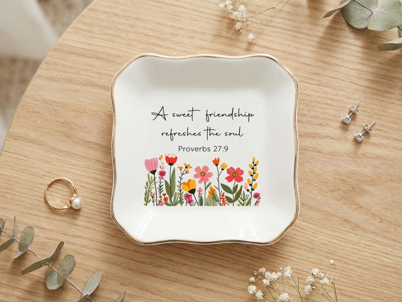 Christian Bible Verse Jewelry Dish, Floral Friendship Quote Trinket Tray, Christian Scripture Decor, Gift for Best Friend image 1
