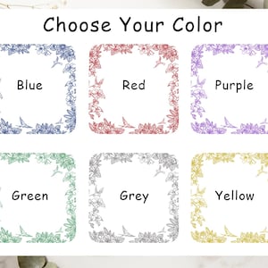 Może przedstawiać: Tabela wyboru kolor&oacute;w z nagł&oacute;wkiem Choose Your Color, zawierająca sześć kwadratowych ramek ozdobionych grafiką liniową kwiat&oacute;w i kolibr&oacute;w. Ramki są w kolorach niebieskim, czerwonym, fioletowym, zielonym, szarym i ż&oacute;łtym, z odpowiednimi nazwami.