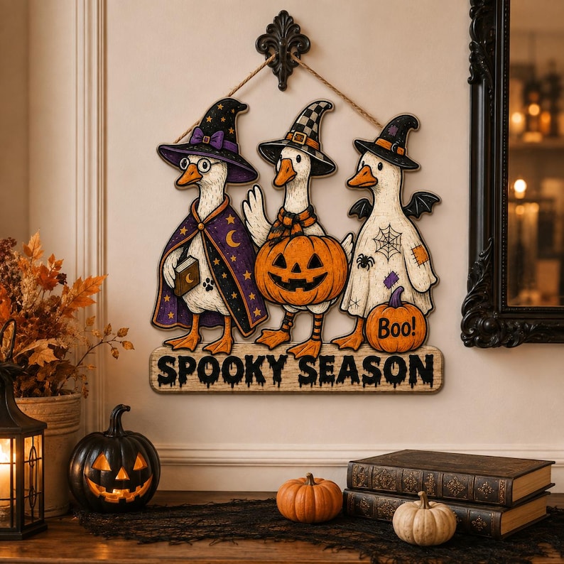 May include: A decorative wall hanging featuring three white geese dressed for Halloween. One wears a purple star-patterned witch hat and cape, one holds a jack-o'-lantern, and one wears a ghost sheet. The text SPOOKY SEASON is printed below.