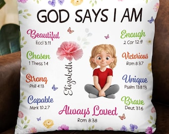 Birth Month Flower Personalized God Says I Am Pillow (Insert Included), Personalized Christian Pillow, Custom Name Pillow Gift For Kids