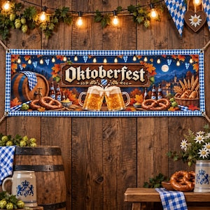 May include: A rectangular banner featuring the text Oktoberfest, two large glass beer mugs with foam, a wooden barrel, pretzels, and a blue and white checkered pattern border. The scene includes autumn leaves, string lights, and a night landscape.