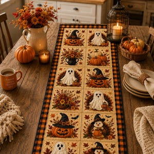 May include: A rectangular quilted table runner featuring a black and orange buffalo check border. The center panels display repeating seasonal illustrations of ghosts, pumpkins wearing witch hats, turkeys, and autumn floral arrangements.
