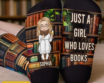 Just a Girl Who Loves Books Socks - Personalized Book Lover Gift, Funny Reading Socks, Custom Bookworm Crew Sock, Christmas Birthday Gifts