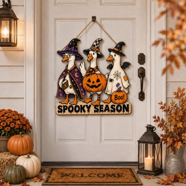 May include: A hanging wooden door sign featuring three white geese dressed in Halloween costumes. One wears a purple wizard hat and cape, one holds a jack-o'-lantern, and one wears a ghost sheet with bat wings. The sign reads SPOOKY SEASON.