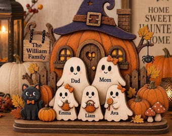 Targa di legno personalizzata per Halloween, insegna personalizzata con fantasmi a tema famiglia, decorazione da tavolo a forma di casa di zucca, regalo di Halloween con nome di famiglia.