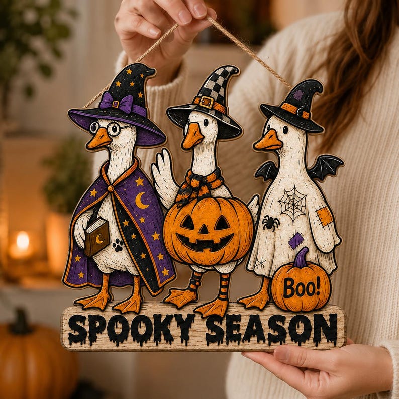 May include: A wooden hanging sign featuring three geese dressed in Halloween costumes. One wears a purple star-patterned cloak and hat, one holds a jack-o'-lantern, and one wears a ghost sheet with a spider web. The sign reads SPOOKY SEASON.