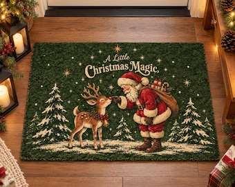 Felpudo navideño vintage de Papá Noel, felpudo de bienvenida de Papá Noel y renos, felpudo "Un poco de magia navideña", decoración rústica para el porche en Navidad.