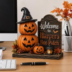 May include: A decorative Halloween tabletop sign featuring two stacked orange jack-o'-lanterns wearing a black witch hat, a smaller jack-o'-lantern, a miniature lantern, and a sign that reads Welcome to Harper's Boo Patch with autumn leaves.