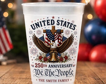 Vasos personalizados para fiesta del 250 aniversario, vasos del Día de la Independencia de EE. UU. 1776-2026, vasos patrióticos esmerilados con nombre familiar personalizado,