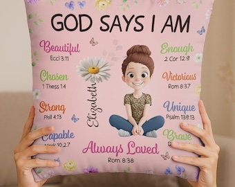 Birth Month Flower Personalized God Says I Am Pillow (Insert Included), Personalized Christian Pillow, Custom Name Pillow
