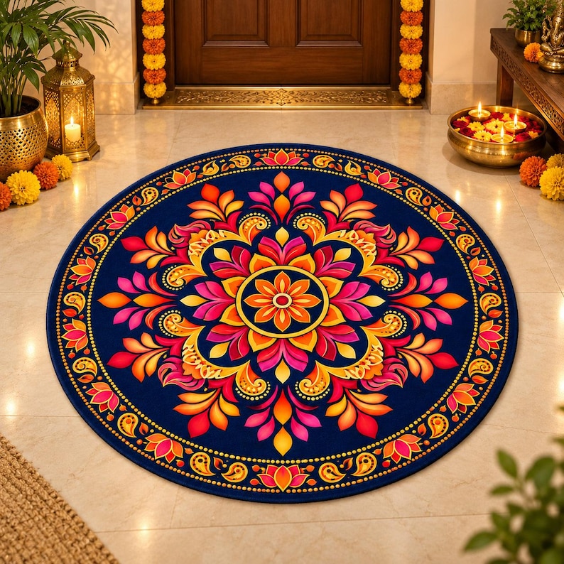 Diwali Round Rug, Colorful Rangoli Mandala Area Rug, Navy Blue Floral ...