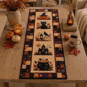 Halloween Quilted Table Runner, Fall Patchwork Table Decor, Pumpkin Witch Black Cat Table Runner, Autumn Farmhouse Kitchen Decor