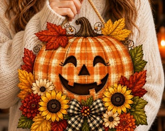 Placa de porta de madeira em formato de abóbora, decoração de Halloween para portas de outono, placa de guirlanda de abóbora e girassol, decoração de porta de entrada em madeira com impressão 3D falsa.