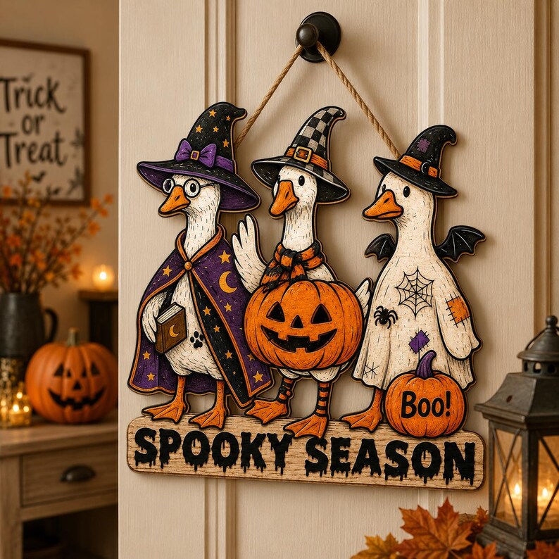 May include: A hanging wooden sign featuring three white geese dressed in Halloween costumes. One wears a purple witch hat and cape, one holds a jack-o'-lantern, and one wears a ghost sheet with a spiderweb. The sign reads SPOOKY SEASON.