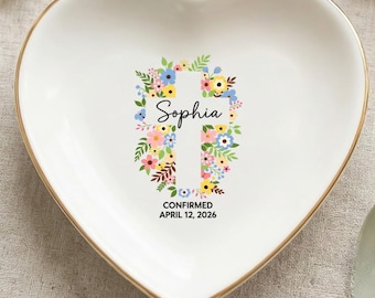 Custom Baptism Jewelry Dish for Girls, Personalized Confirmation Gift, Floral Cross Trinket Tray, First Holy Communion Keepsake