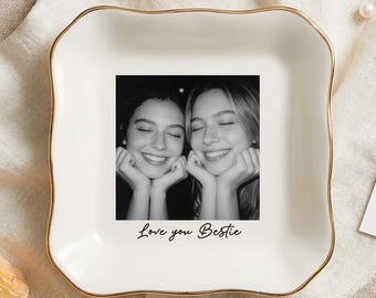 Personalized Bestie Photo Jewelry Dish: Ceramic Trinket Tray for Best Friend, Galentine Bestie Gifts
