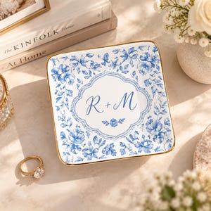 Ring Dish for Wedding Keepsake, Personalized Initials, Floral Jewelry Holder, Engagement Gift for Couple