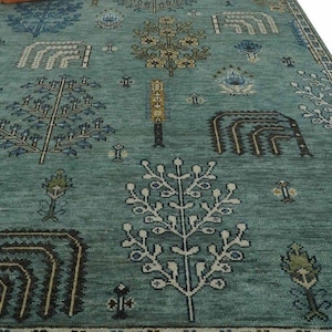 Hand Knotted Elegant Green Tree of Life 6x9 Luxurious Rug Green 8x10 Multicolor Oushak Rug, Indo Oushak Antique Style Area Rug for Bedroom