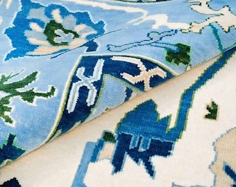 Handmade Oushak Wool Rug: Blue, Green, and Ivory Coastal Decor
