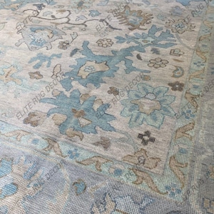 Hand Knotted Oushak Rug | Sky Blue Beige Wool Carpet | Vintage Turkish Oriental Design | Large Neutral For Bedroom Living Room Home Decor