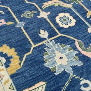 Hand-Knotted Wool Oushak Rug: Modern Abstract Blue Area Rug 9x12